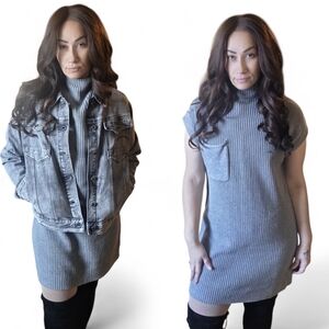 Gray Ribbed Turtleneck Dress